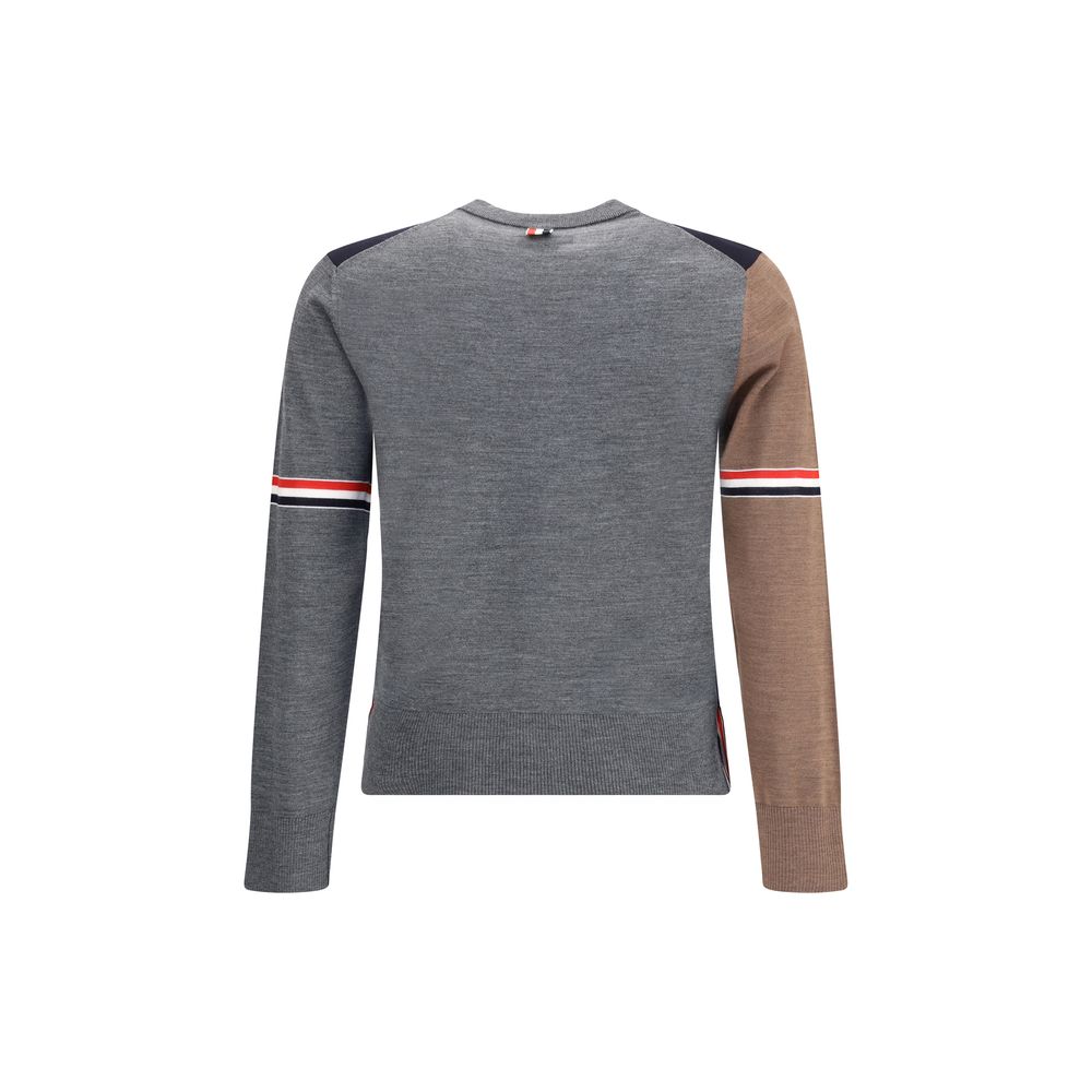Back view of Thom Browne Multicolor Fleece Wool Sweatshirt with tricolor sleeve bands and ribbed design, made from 100% fleece wool.