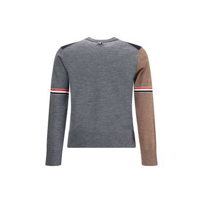 Back view of Thom Browne Multicolor Fleece Wool Sweatshirt with tricolor sleeve bands and ribbed design, made from 100% fleece wool.