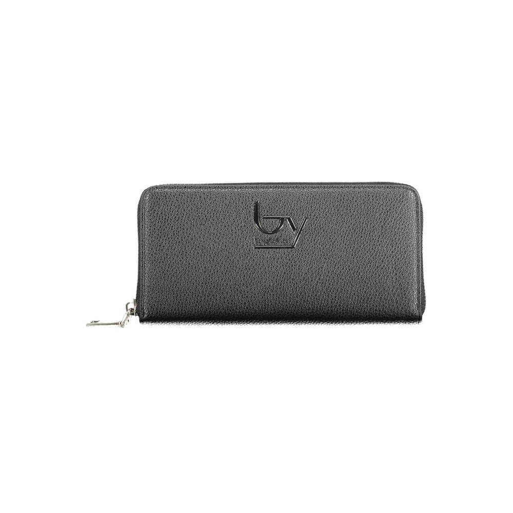 BYBLOS Black Polyethylene Wallet with 5 compartments, coin purse, card slots, contrasting details, zip closure, and logo displayed.