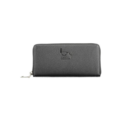 BYBLOS Black Polyethylene Wallet with 5 compartments, coin purse, card slots, contrasting details, zip closure, and logo displayed.