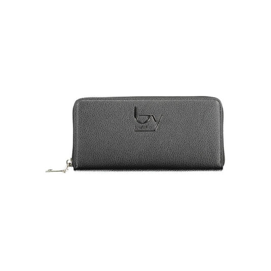 BYBLOS Black Polyethylene Wallet with 5 compartments, coin purse, card slots, contrasting details, zip closure, and logo displayed.