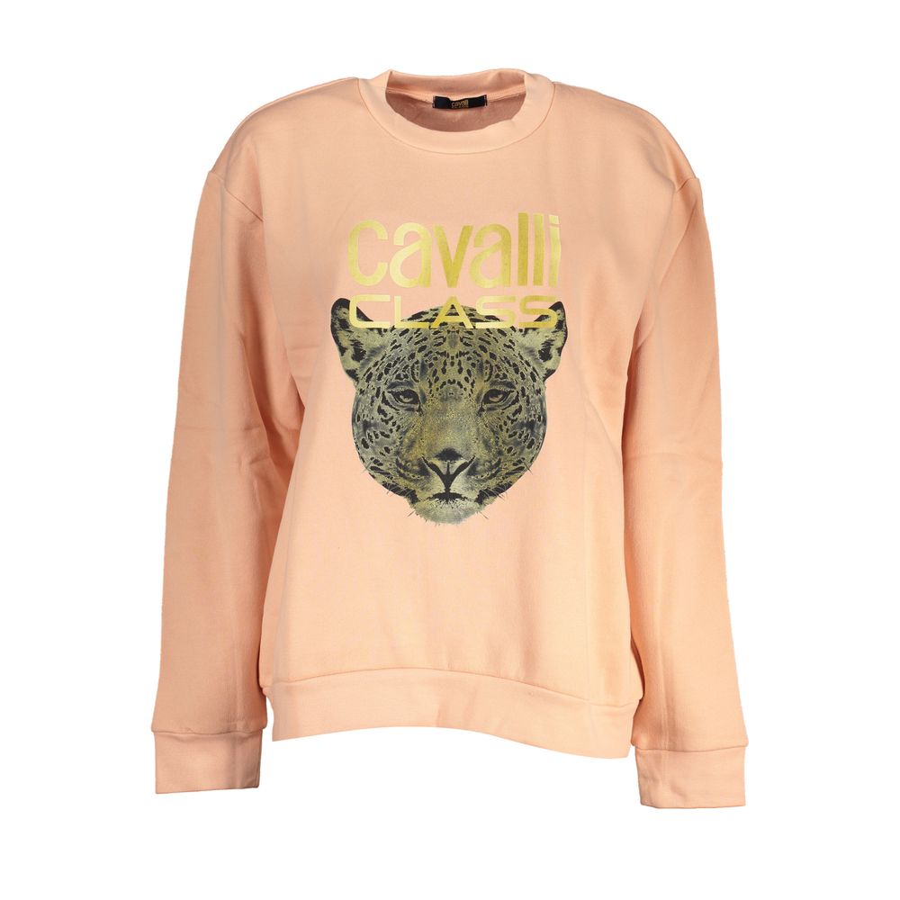 Cavalli Class Pink Cotton Women Sweater with bold logo and playful print, crafted in Italy, showcases chic style and comfort.