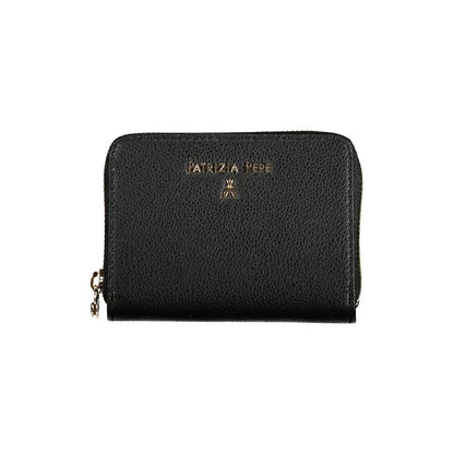 Patrizia Pepe Black Leather Wallet with zip closure, two compartments, coin purse, card spaces, and logo detailing.