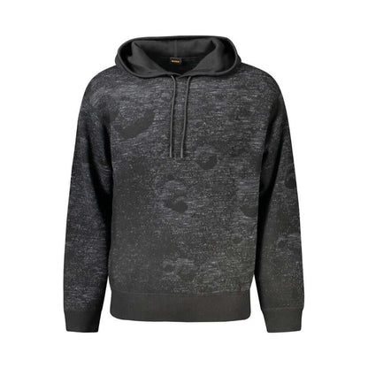 Hugo Boss Black Wool Sweater with long sleeves, hood, contrasting details, and logo, offering stylish and comfortable fashion.