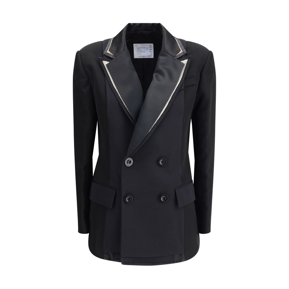 Sacai Black Polyester Clothing - Double-breasted wool blazer with peaked lapels and flap pockets.