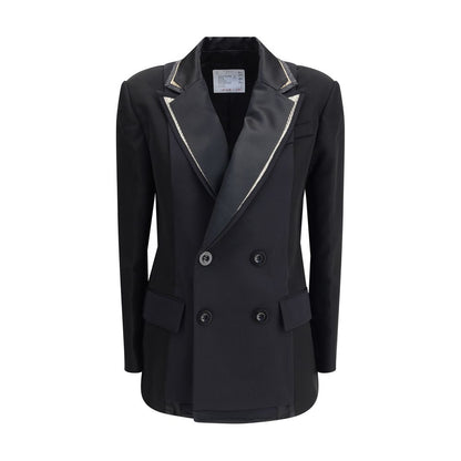Sacai Black Polyester Clothing - Double-breasted wool blazer with peaked lapels and flap pockets.