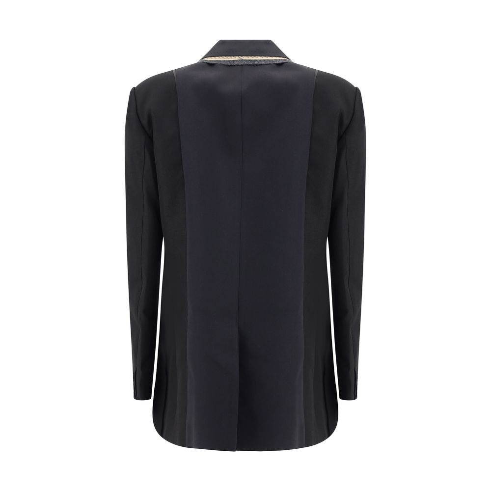 Back view of Sacai Black Polyester Clothing Wool Blazer with tailored cut and distinctive peaked lapels.