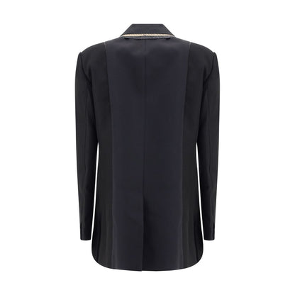 Back view of Sacai Black Polyester Clothing Wool Blazer with tailored cut and distinctive peaked lapels.