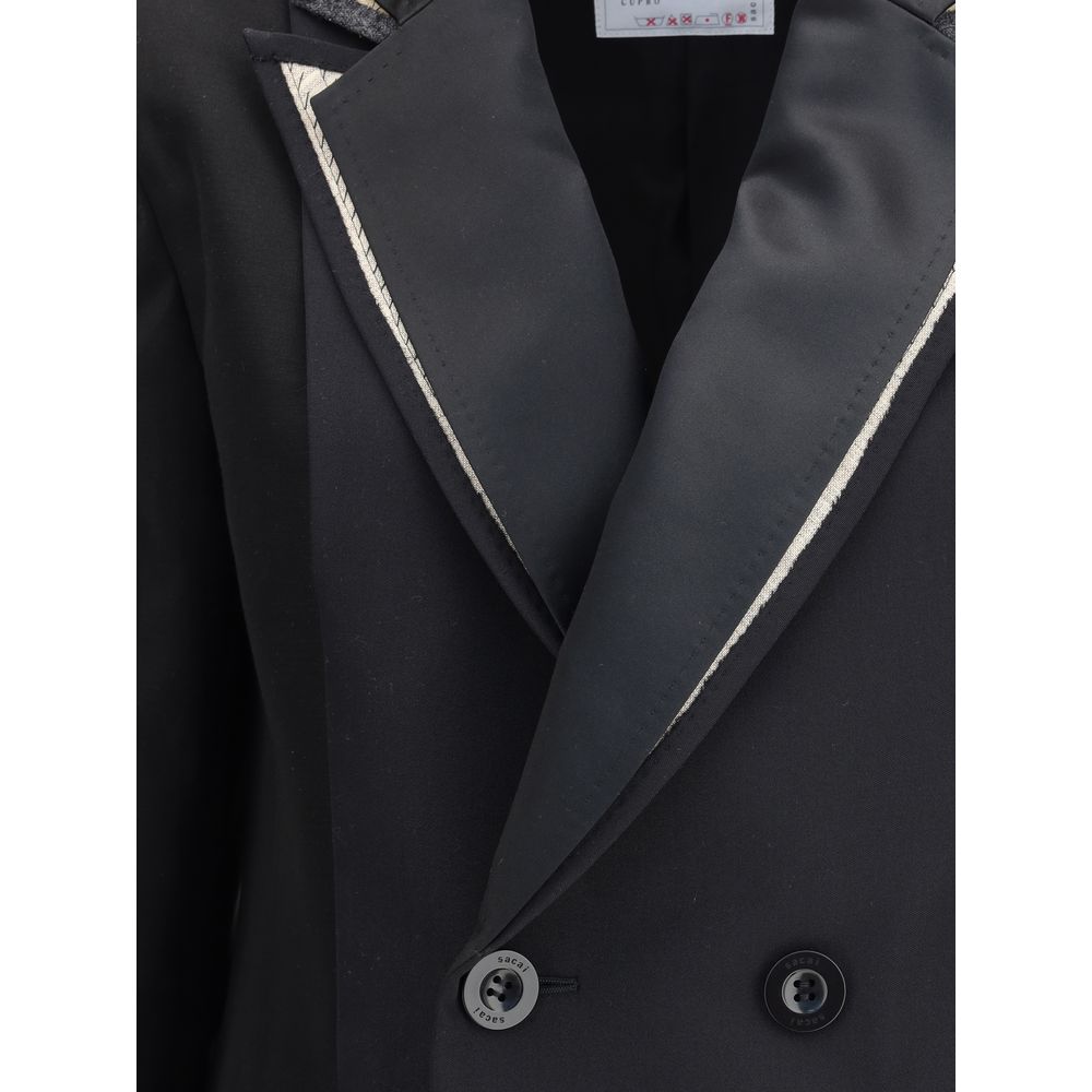 Close-up of Sacai Black Polyester Clothing featuring double-breasted wool blazer with distinctive double-lapels and front buttons.
