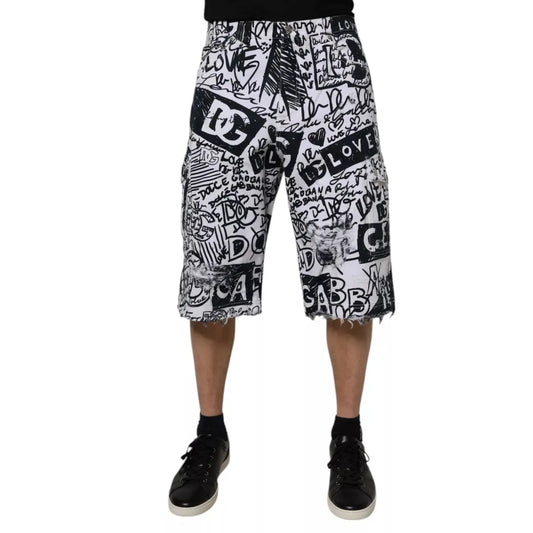 Dolce & Gabbana White Graffiti Cotton Men Bermuda Denim Shorts