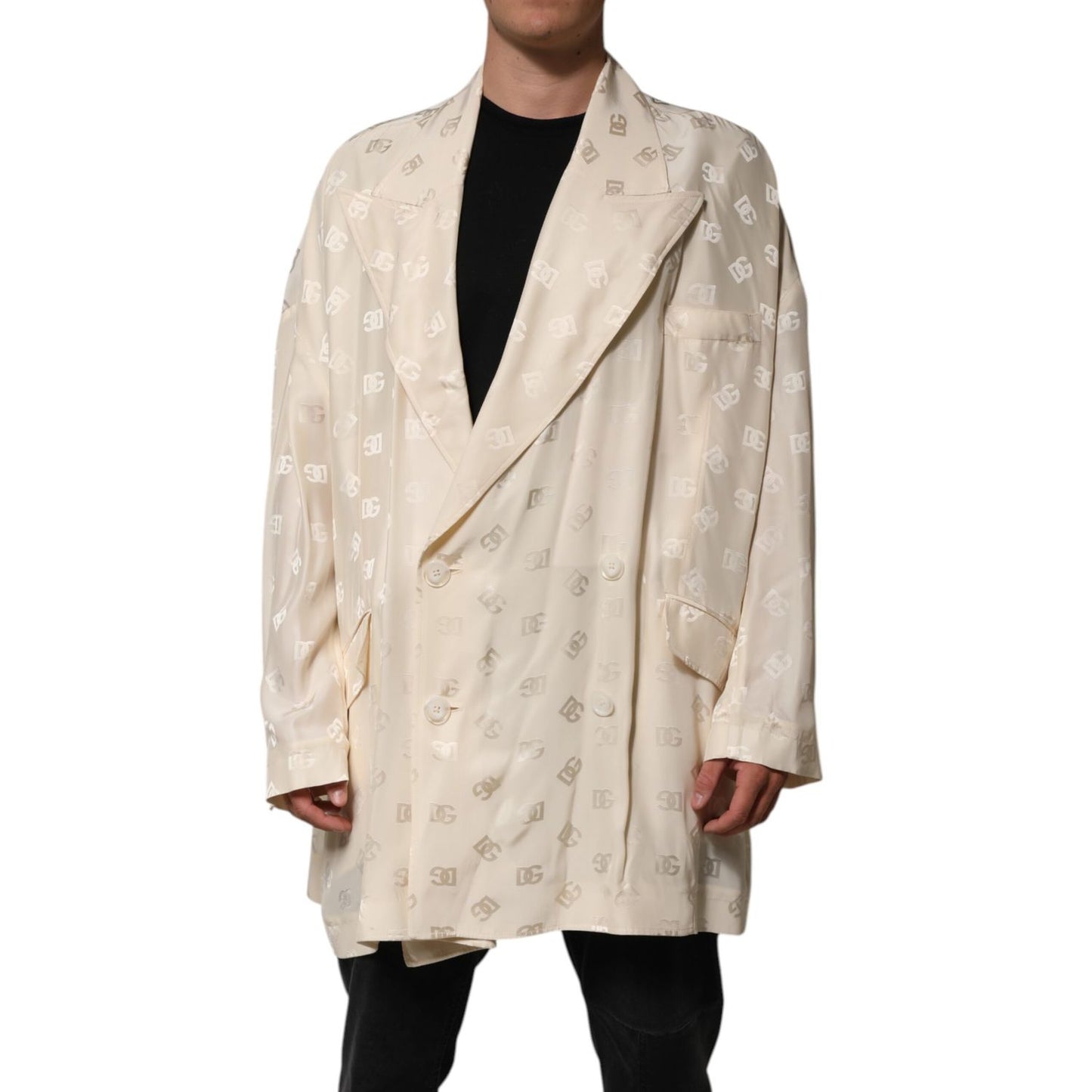 Dolce & Gabbana Beige Polyester Logo Monogram Coat Jacket