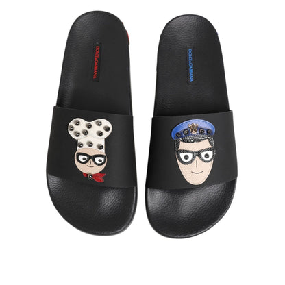 Dolce & Gabbana Black Leather Slides Flats Beachwear Shoes