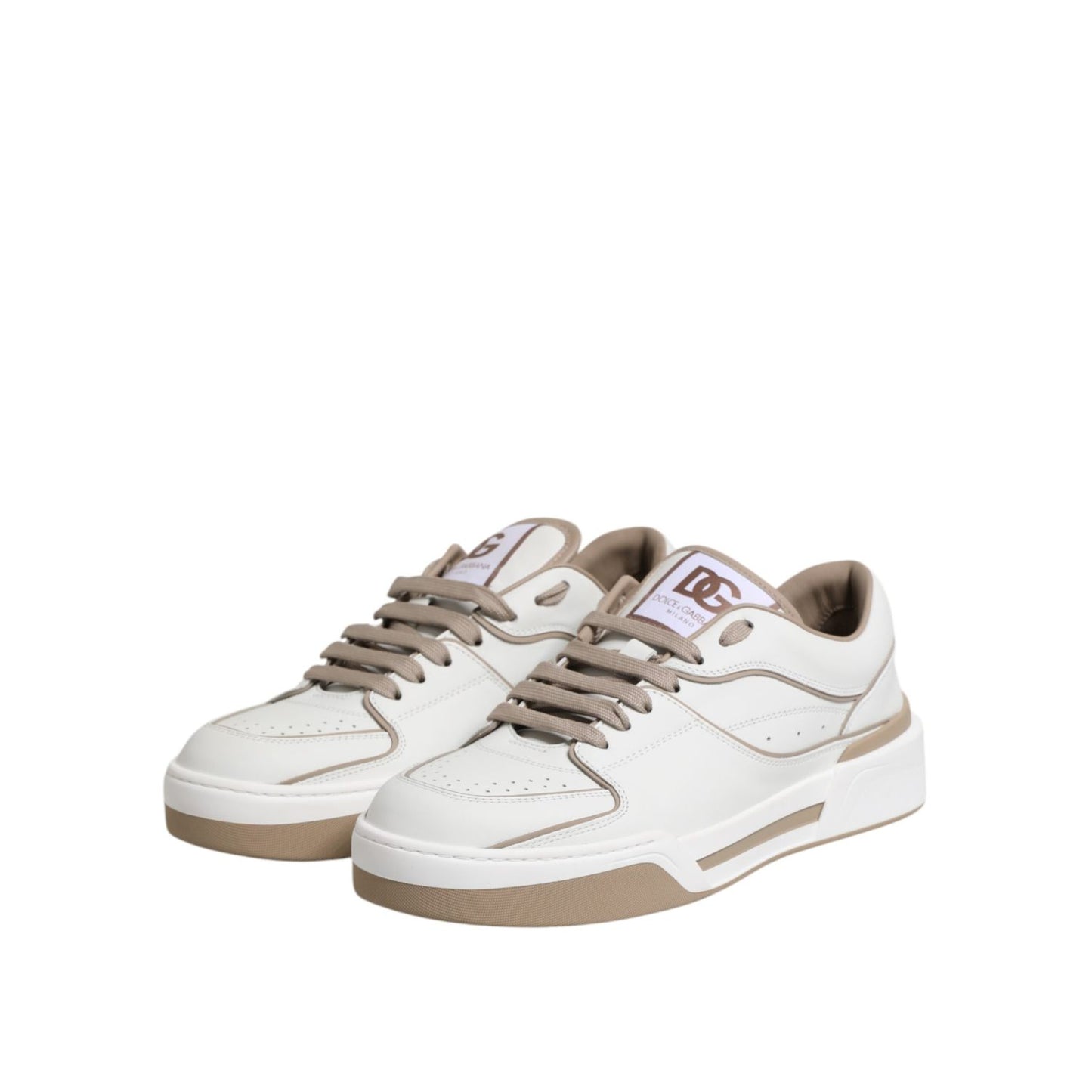 Dolce & Gabbana White Brown Leather Low Top Men Sneakers Shoes