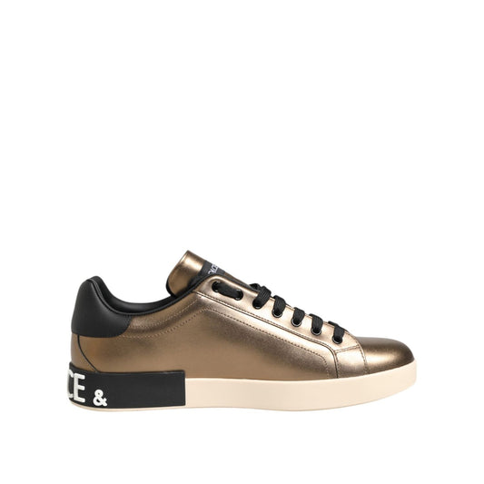 Dolce & Gabbana Gold White Leather Low Top Men Sneakers Shoes