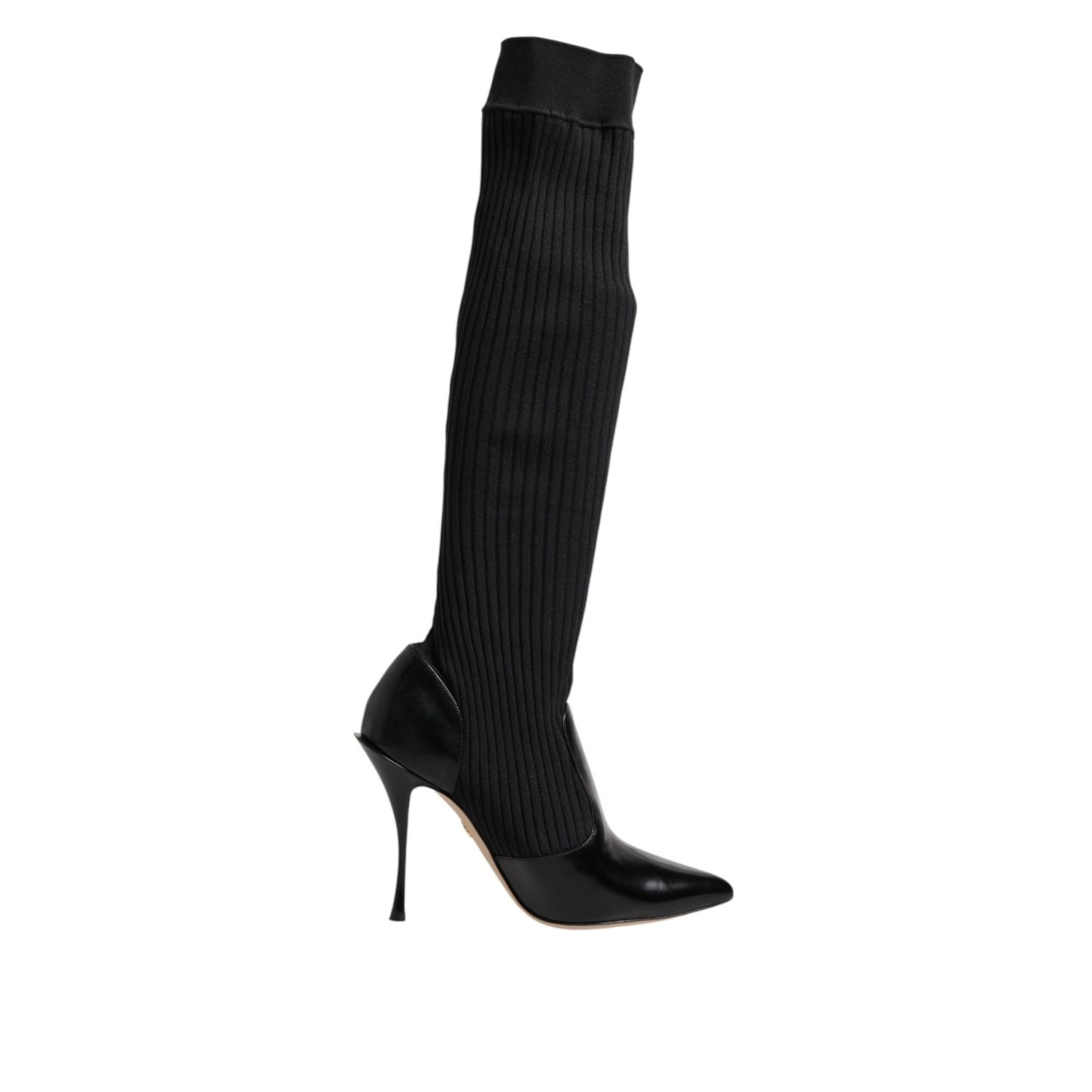 Dolce & Gabbana Black Leather Ribbed Knit Knee Boots Shoes