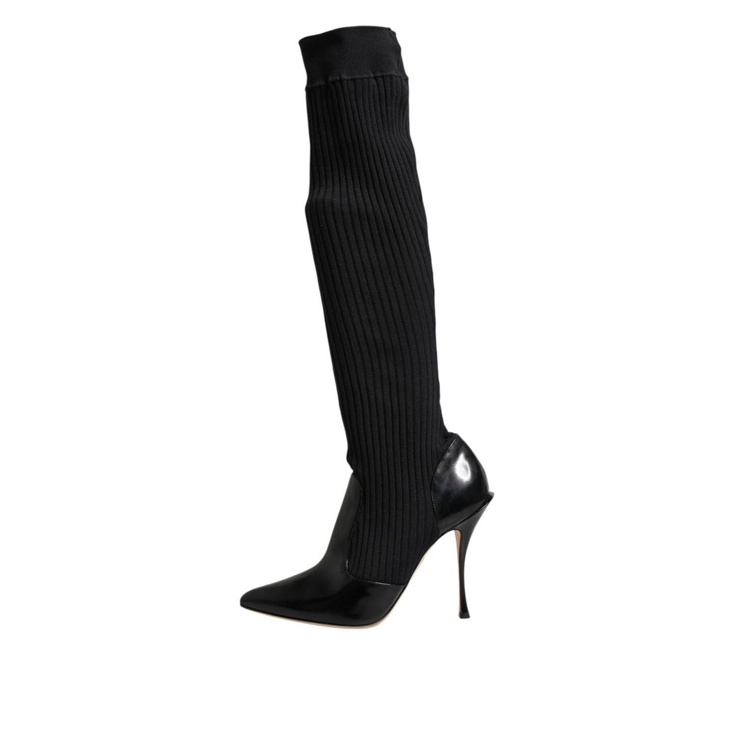 Dolce & Gabbana Black Leather Ribbed Knit Knee Boots Shoes