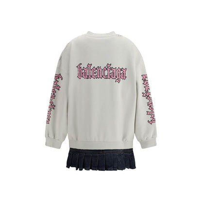 Balenciaga Multicolor Cotton Sweatshirt with logo print, ribbed collar, cuffs, dropped shoulders, and denim pleated skirt, AW25 collection.