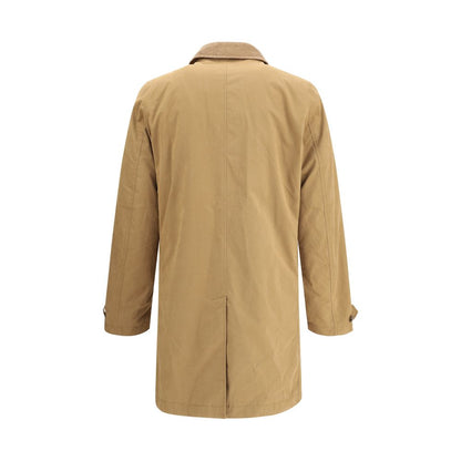 Back view of Woolrich Beige Polyester Coat with corduroy collar, showcasing knee-length design and functional elegance.
