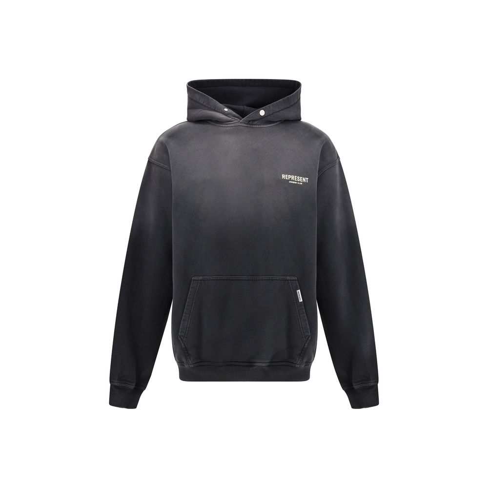 Represent Black Cotton Sweatshirt with adjustable hood and kangaroo pocket. Ribbed cuffs and distinctive monogram on front.