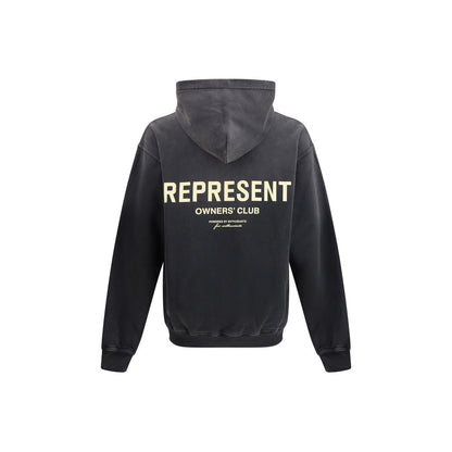 Rear view of Represent Black Cotton Sweatshirt with "Owners Club" print, showcasing adjustable hood and ribbed cuffs for comfort.