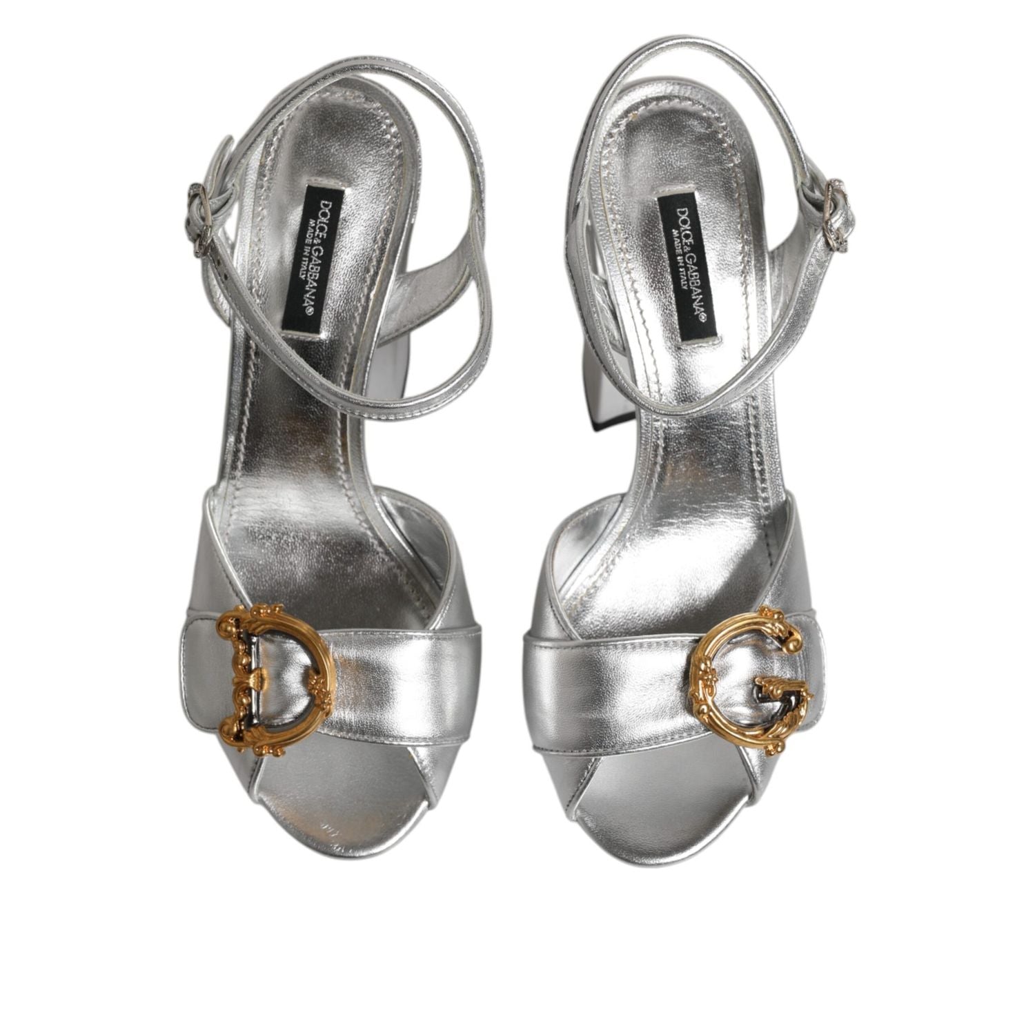 Dolce & Gabbana Silver Logo Ankle Strap Heels Sandals Shoes