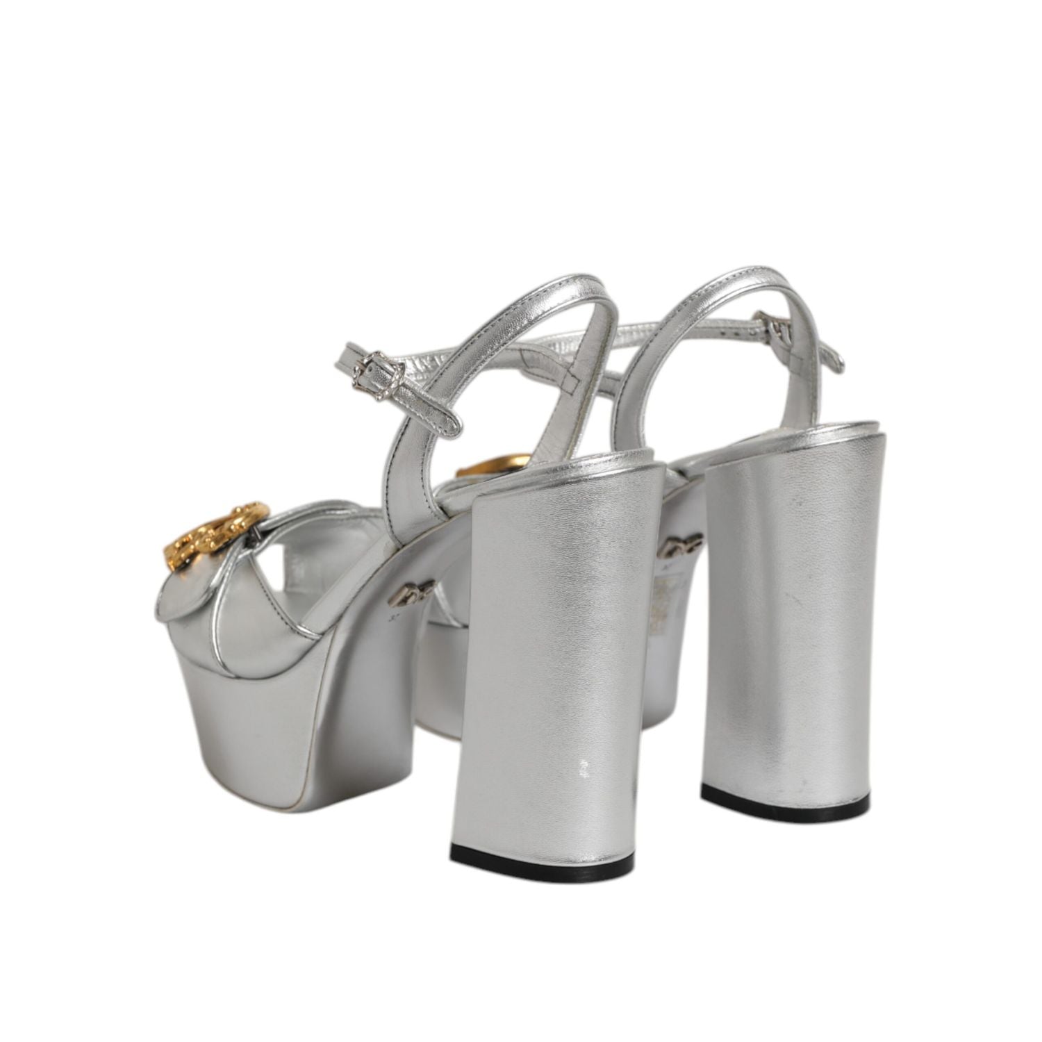 Dolce & Gabbana Silver Logo Ankle Strap Heels Sandals Shoes