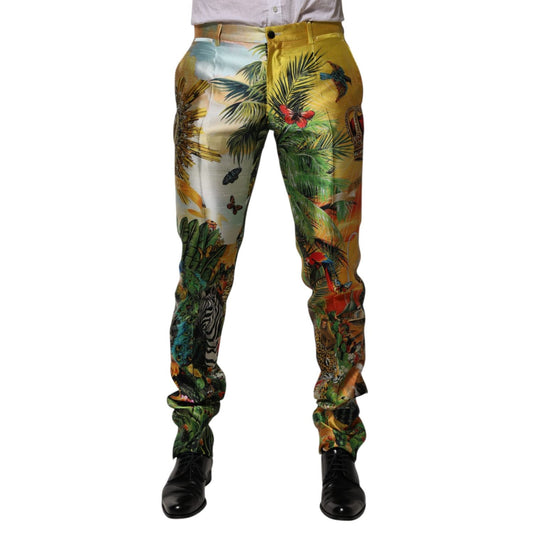 Dolce & Gabbana Multicolor Forest Print Silk Skinny Men Pants