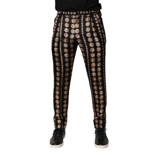 Dolce & Gabbana Black Coin Print Silk Skinny Men Trouser Pants