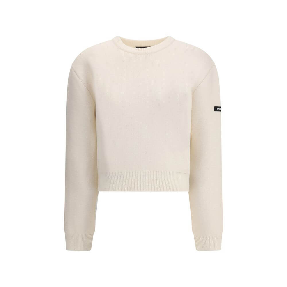 Balenciaga White Wool Sweatshirt featuring a crew neck, dropped shoulders, long sleeves, and a logo patch on the sleeve.