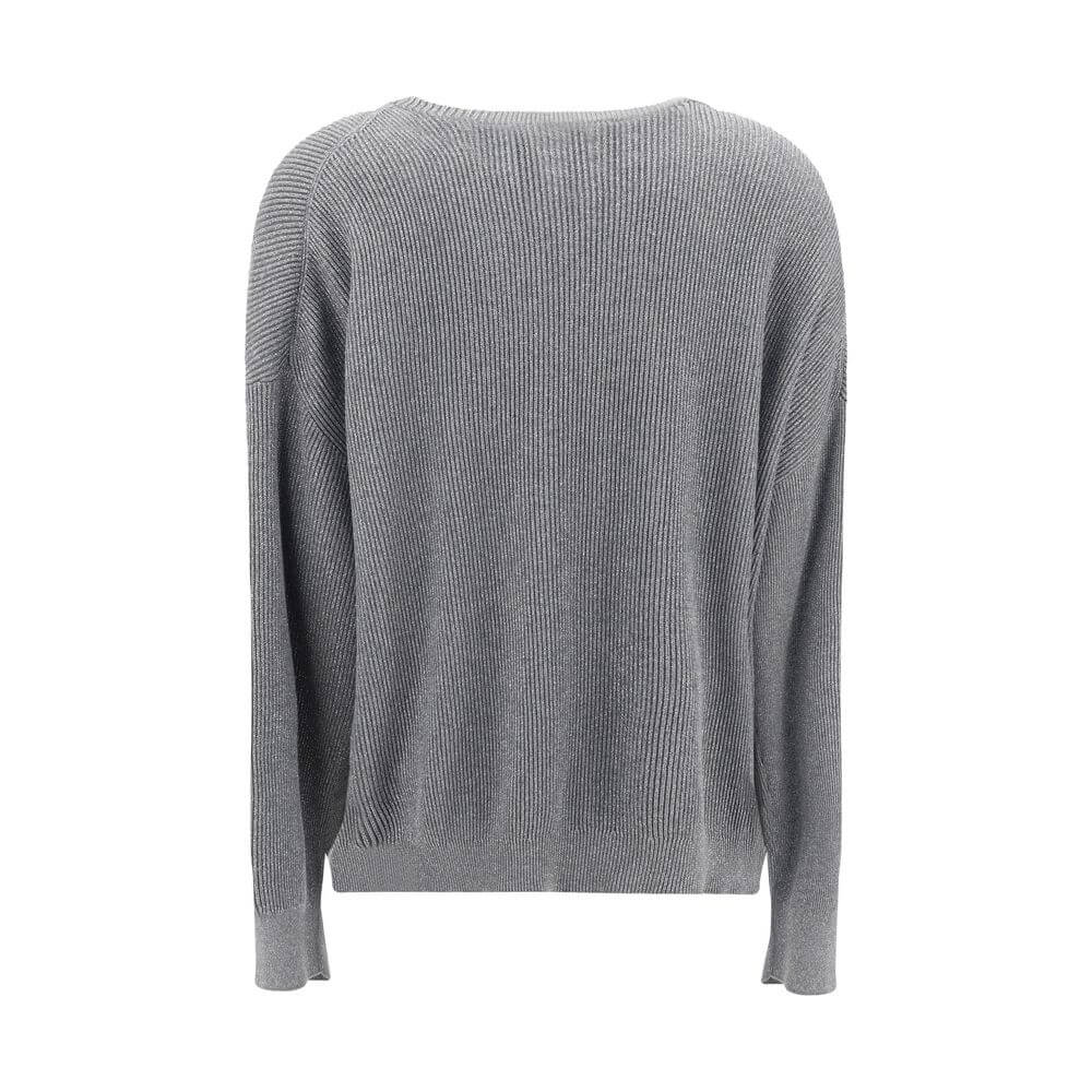 Back view of Brunello Cucinelli Gray Cotton Sweatshirt with ribbed design and luminous silver thread detailing, elegant and versatile for AW25.