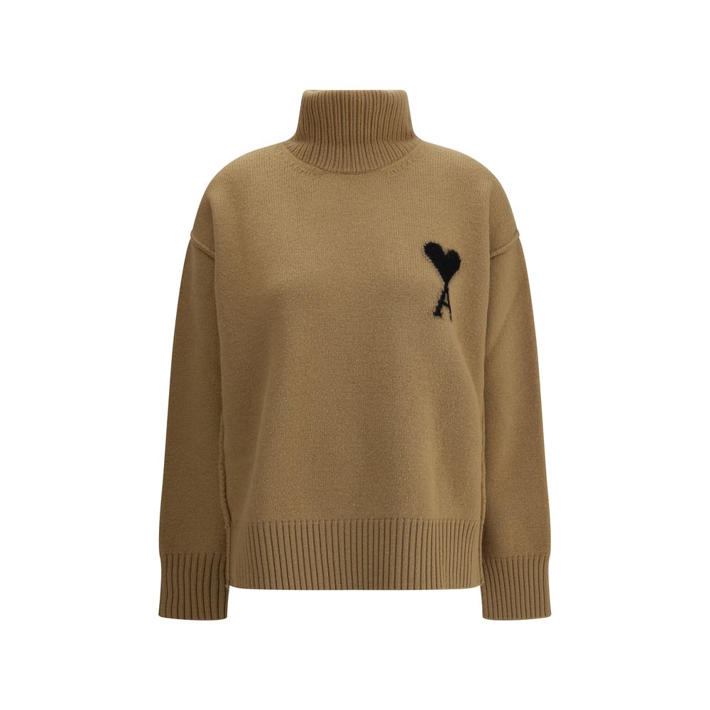 Ami Paris Brown Fleece Wool Turtleneck sweater with jacquard logo and ribbed cuffs, perfect for a casual yet polished autumn-winter style.