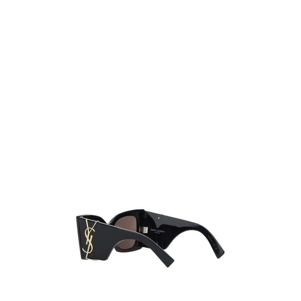 Saint Laurent Black Acetate Sunglasses with gold-plated YSL logo, oversized square design, and straight temples with curved tips.