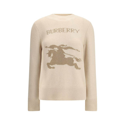 Burberry Beige Wool Cashmere Sweater with Equestrian Knight design and ribbed trims, AW25 collection for stylish comfort and elegance.