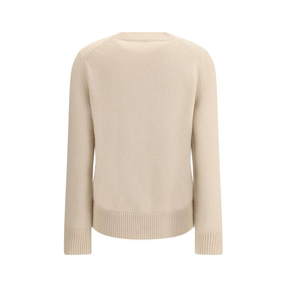 Back view of Burberry Beige Wool Cashmere Sweater with ribbed trims in beige, showcasing iconic style and craftsmanship. Ideal for AW25 season.