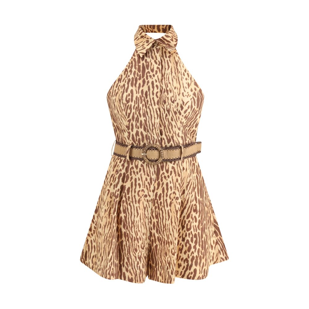 Zimmermann Multicolor Linen Casual Dress with leopard print, raffia belt, and elegant design featuring practical pockets.