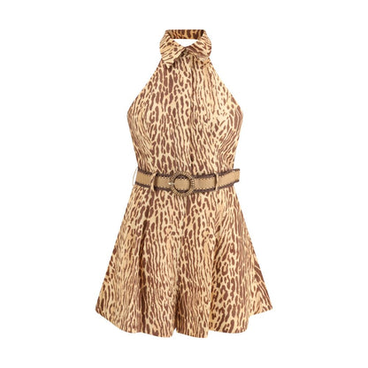 Zimmermann Multicolor Linen Casual Dress with leopard print, raffia belt, and elegant design featuring practical pockets.