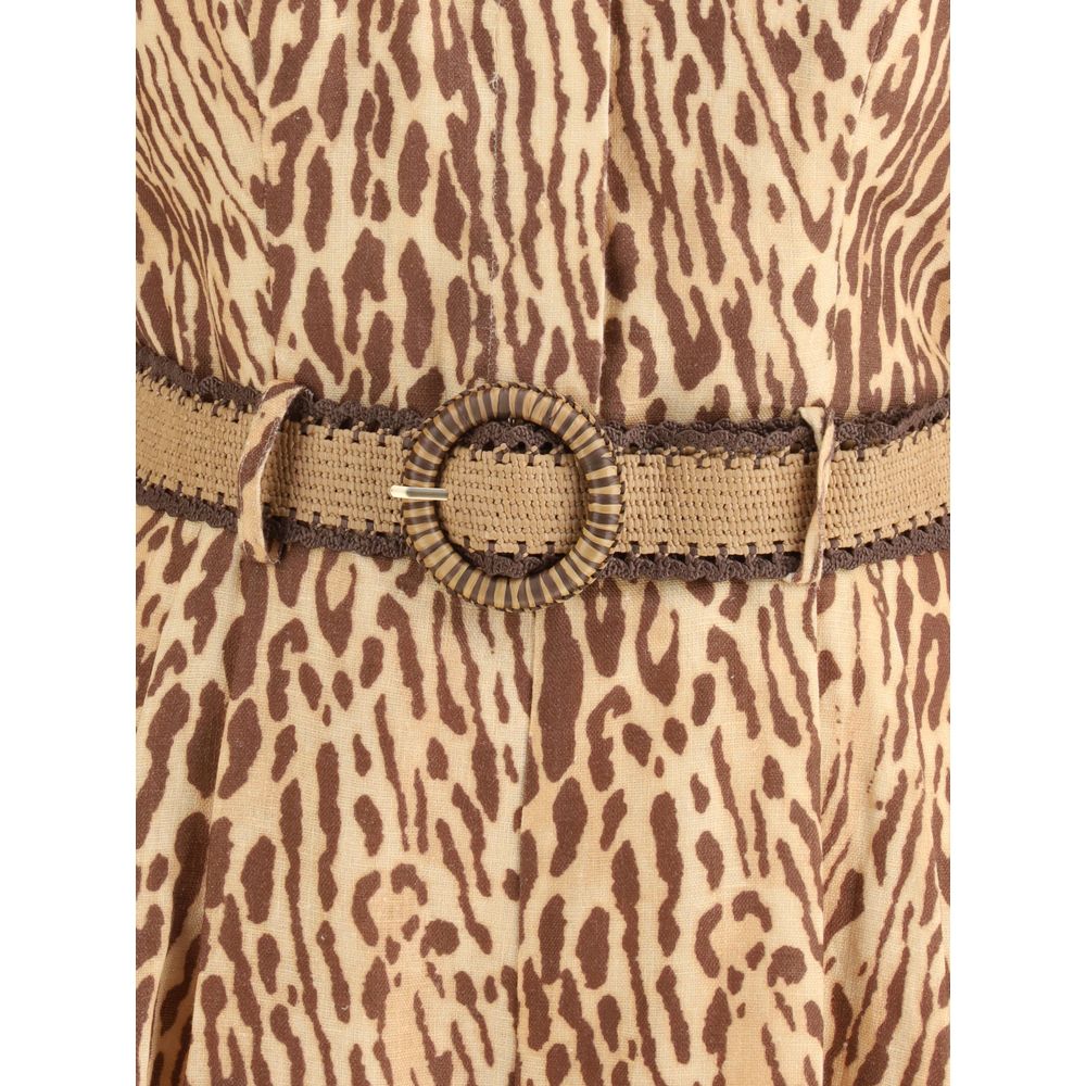 Zimmermann Multicolor Linen Casual Dress with leopard pattern and detachable raffia belt, showcasing elegant and practical design details.