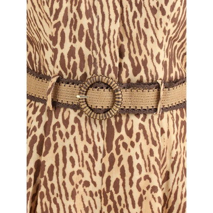 Zimmermann Multicolor Linen Casual Dress with leopard pattern and detachable raffia belt, showcasing elegant and practical design details.