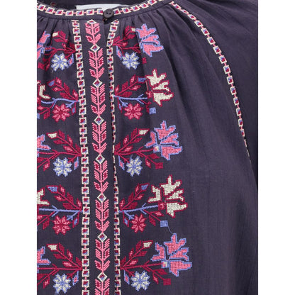 Marant Etoile Blue Cotton Blouse with cross-stitch embroidery and concealed button closure, featuring raglan sleeves and button-adjustable cuffs.