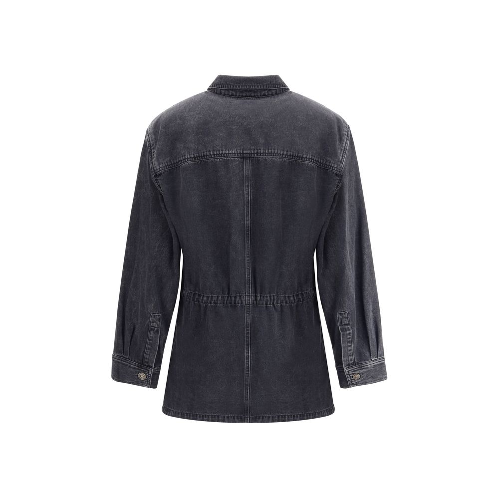 Back view of Marant Etoile Gray Cotton Denim Jacket with traditional collar and four patch pockets, showcasing casual elegance.