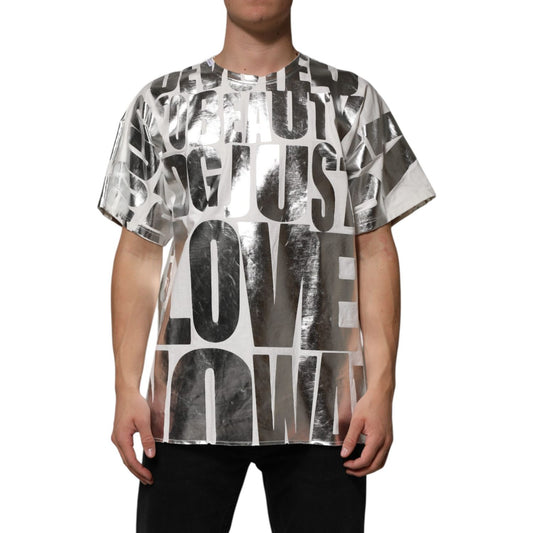 Dolce & Gabbana White Cotton Silver Metallic Slogan Print T-shirt TSH90590-M
