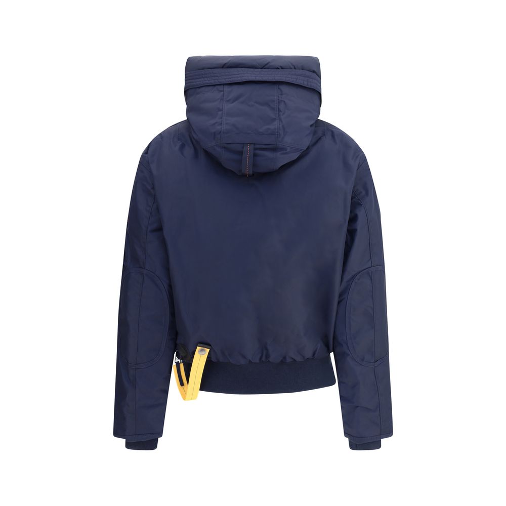 Back view of Parajumpers Blue Nylon Bomber jacket with hood and yellow details.