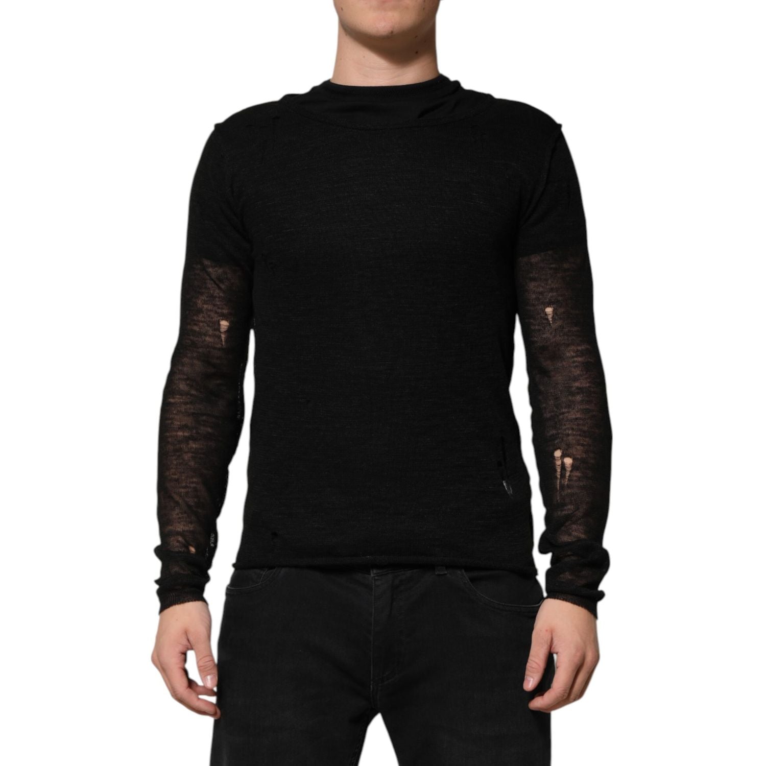 Dolce & Gabbana Black Linen Mesh Tattered Longsleeves T-shirt