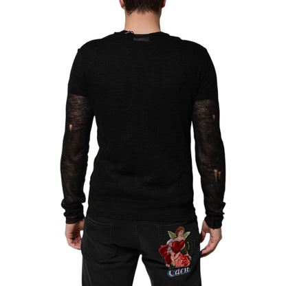 Dolce & Gabbana Black Linen Mesh Tattered Longsleeves T-shirt