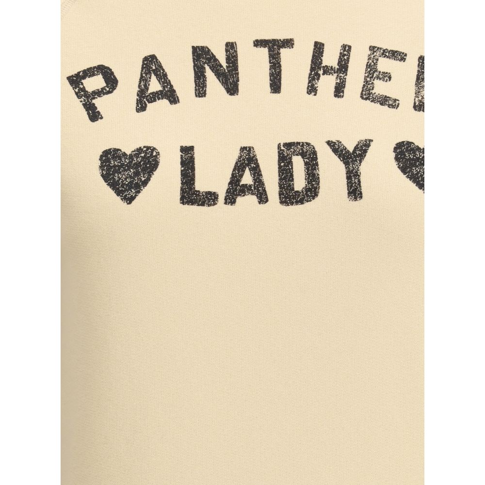Close-up of graphic print 'Panther Lady' on Valentino Beige Cotton Sweatshirt with ribbed crew neck, ideal for a distinctive casual style.