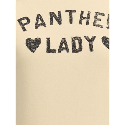 Close-up of graphic print 'Panther Lady' on Valentino Beige Cotton Sweatshirt with ribbed crew neck, ideal for a distinctive casual style.