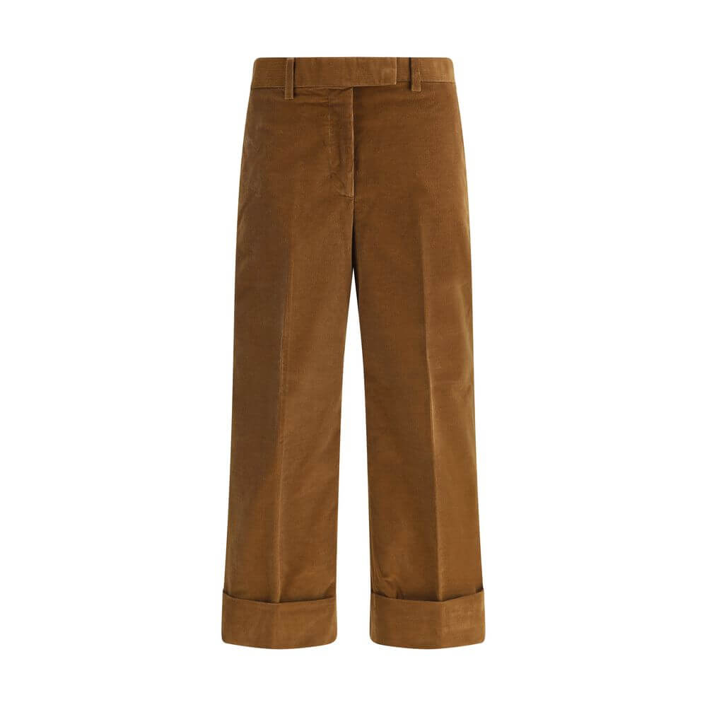 Thom Browne Brown Cotton Casual Pants with turned-up hems and tricolor applique, featuring front zipper, hook-and-eye closure.