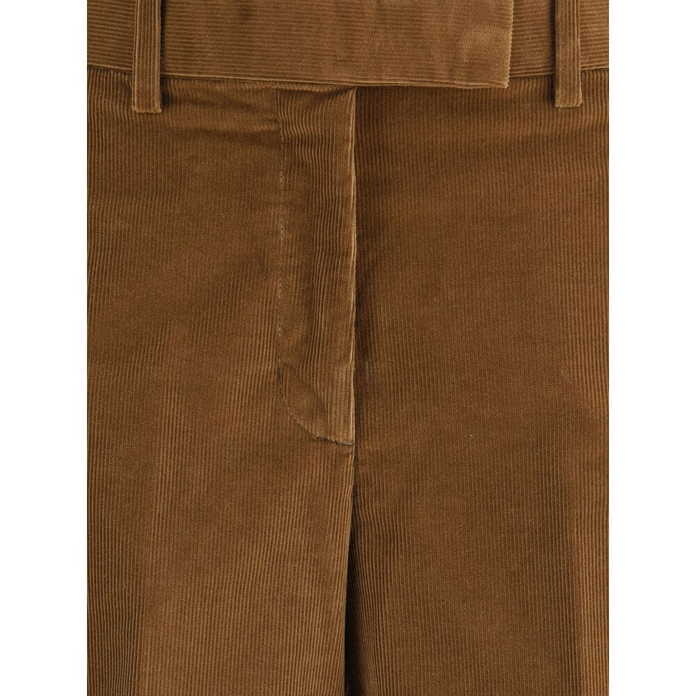 Close-up of Thom Browne Brown Cotton Casual Pants with corduroy texture and front zipper detail.