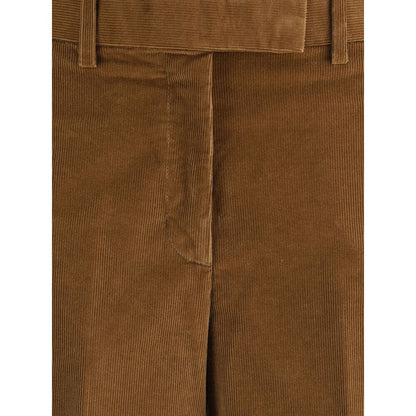 Close-up of Thom Browne Brown Cotton Casual Pants with corduroy texture and front zipper detail.