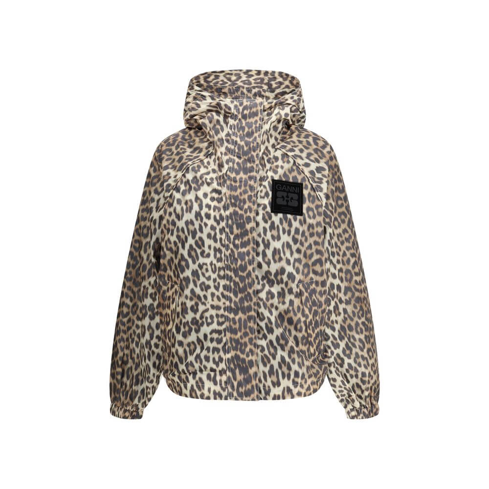 Ganni Multicolor Nylon Rain Coat with leopard print, hood, zipper closure, side pockets, and GANNI logo patch, ideal for urban style.